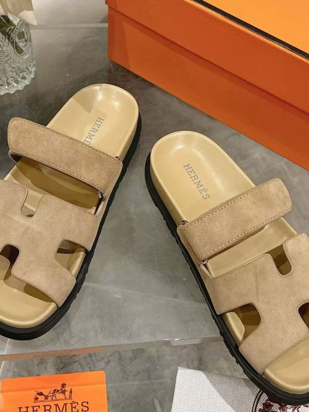 Womens Hermès Suede H Buckle Platform Slide Sandals - Picture 3 of 6